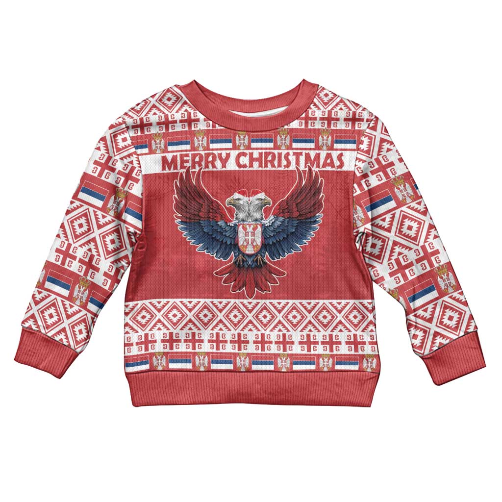 Kids red Christmas sweater with "MERRY CHRISTMAS" eagle graphic and fair isle trim