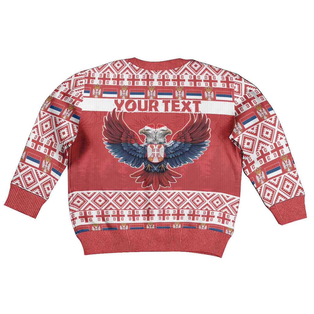 Kids red Christmas sweater back with "YOUR TEXT" eagle and fair isle pattern