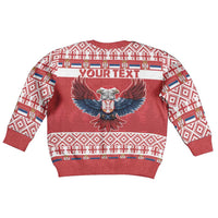 Kids red Christmas sweater back with "YOUR TEXT" eagle and fair isle pattern