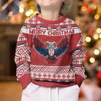 Kids red Christmas sweater with crew neck, "MERRY CHRISTMAS" eagle and patterned sleeves