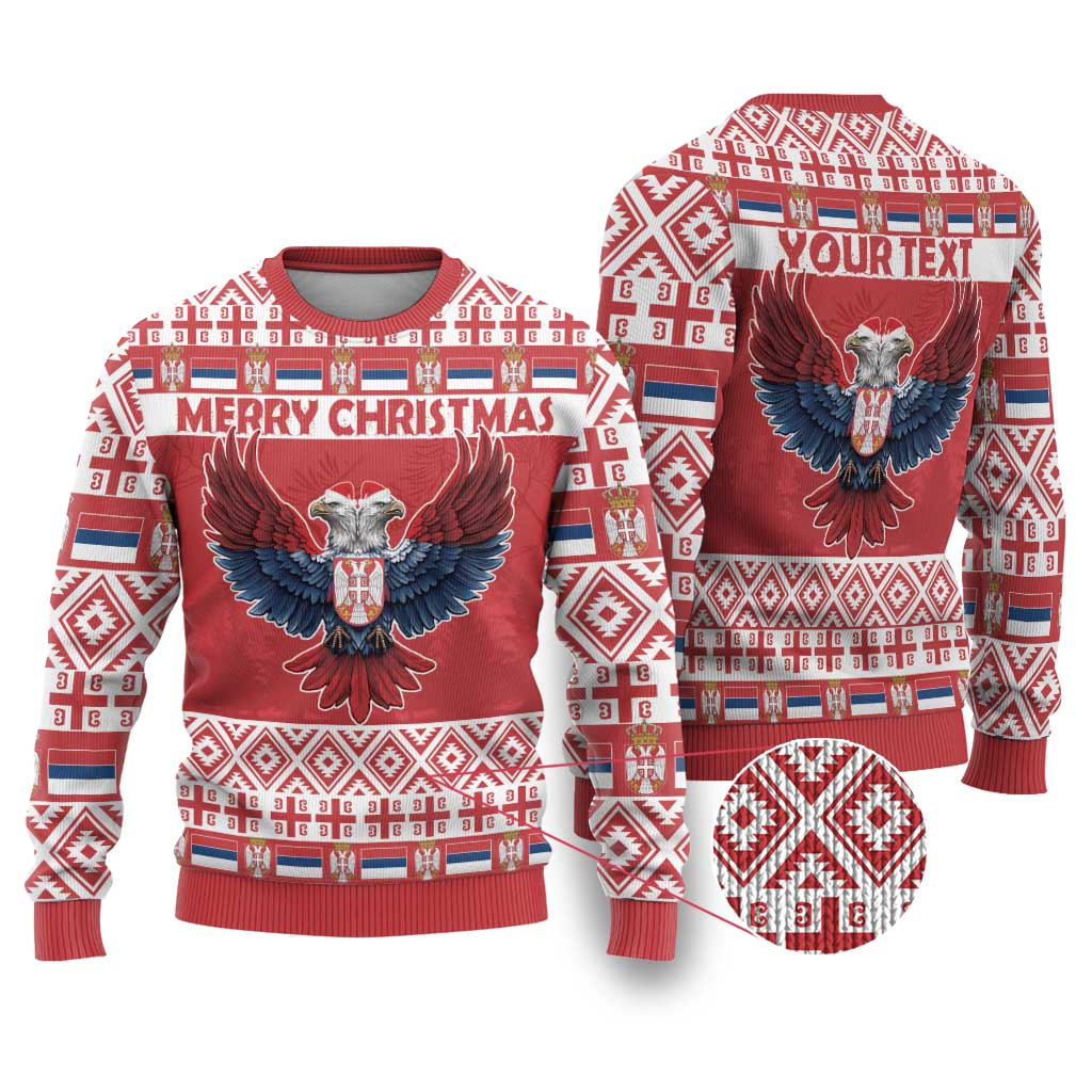 Red and white-blue Christmas sweater pair, eagle graphic and Merry Christmas text, ribbed cuffs