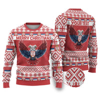 Red and white-blue Christmas sweater pair, eagle graphic and Merry Christmas text, ribbed cuffs