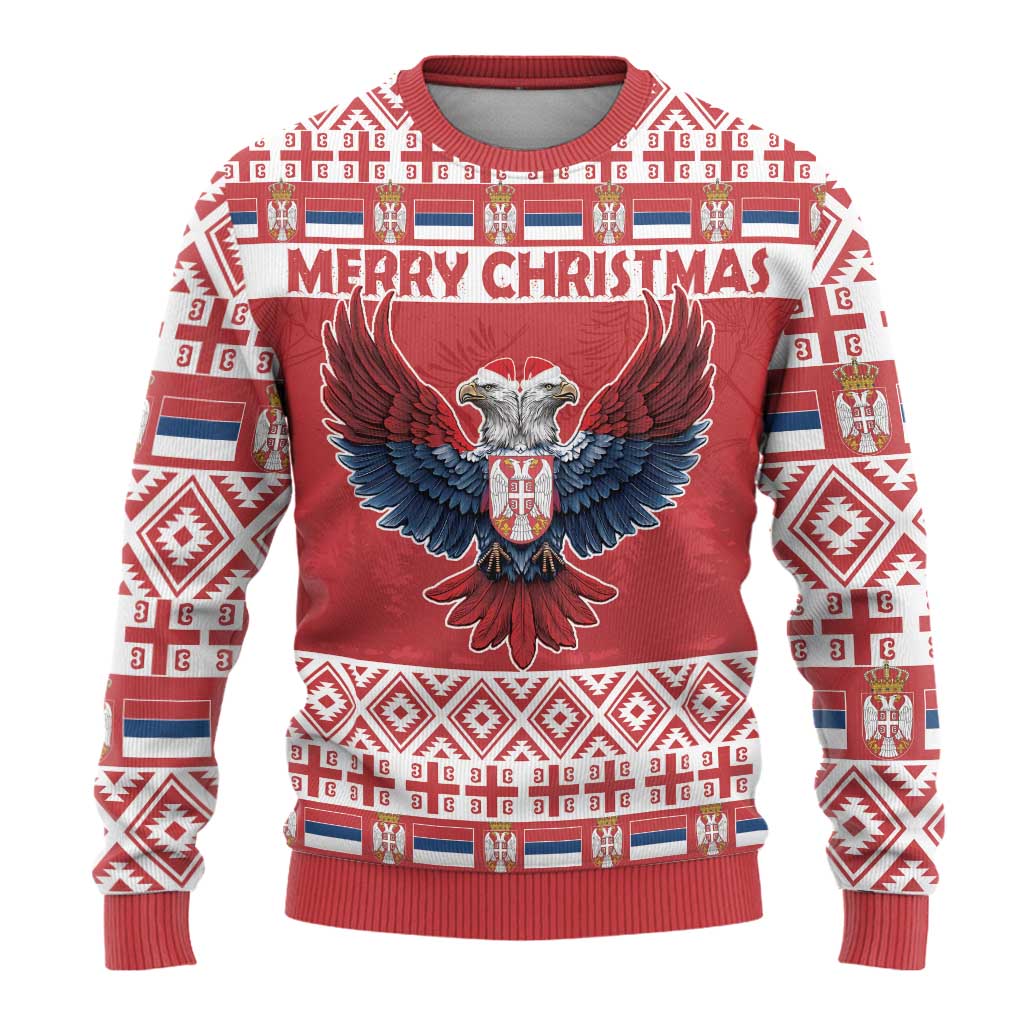 Red Christmas sweater with eagle emblem and Merry Christmas text