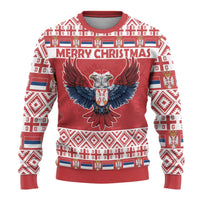 Red Christmas sweater with eagle emblem and Merry Christmas text