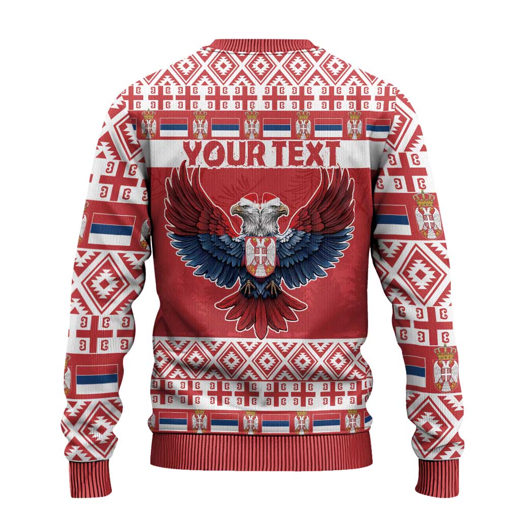 Red Christmas sweater back with double-headed eagle, Your Text header, white-blue patterns