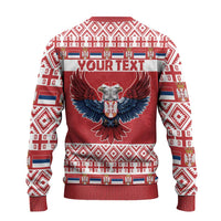 Red Christmas sweater back with double-headed eagle, Your Text header, white-blue patterns