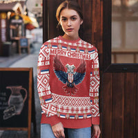 Red Christmas sweater with double-headed eagle and Merry Christmas across chest