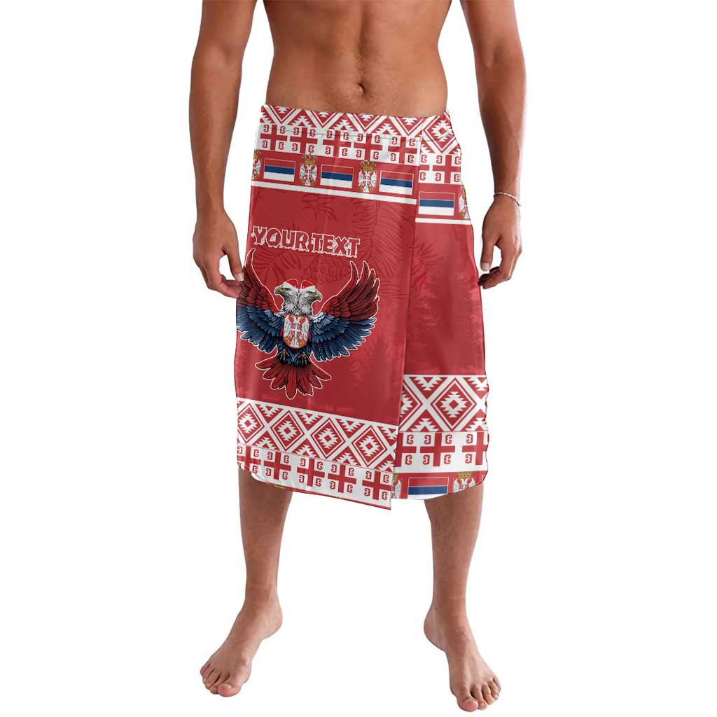 Red personalized lavalava sarong with double-headed eagle and tribal border