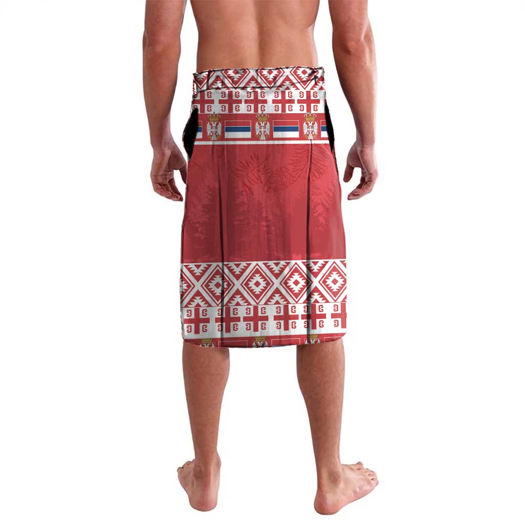 Red personalized lavalava sarong with geometric stripe trim and decorative motifs
