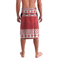 Red personalized lavalava sarong with geometric stripe trim and decorative motifs