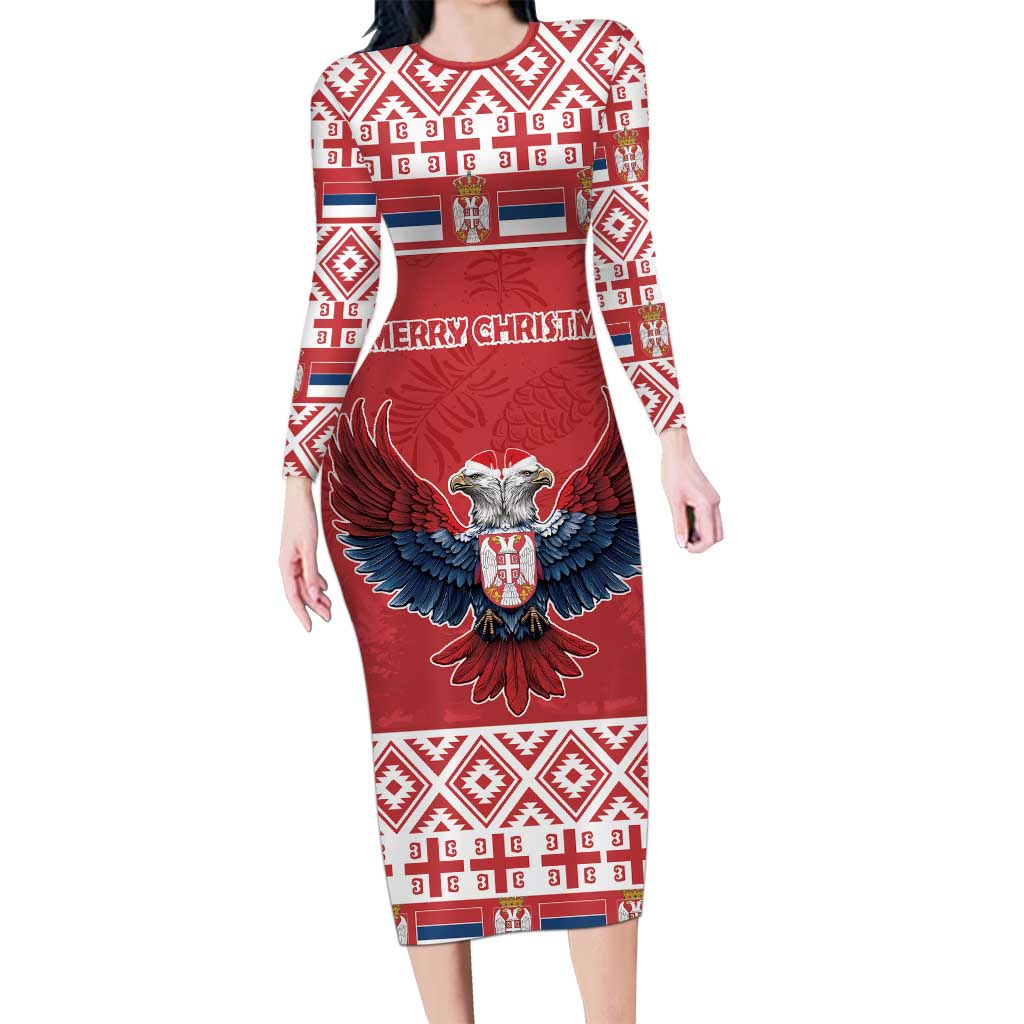 Personalized Serbia Christmas Long Sleeve Bodycon Dress Double-Headed Eagle - Red Version - Wonder Print Shop