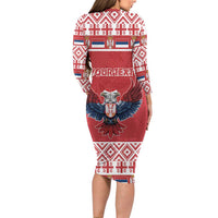 Red long-sleeve bodycon dress, white pattern trim with large eagle crest on back
