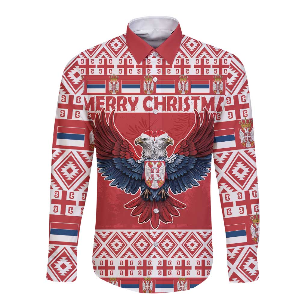 Red long-sleeve button shirt with eagle graphic and Merry Christmas text