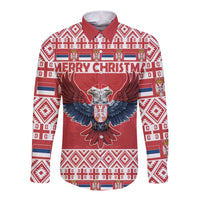 Red long-sleeve button shirt with eagle graphic and Merry Christmas text