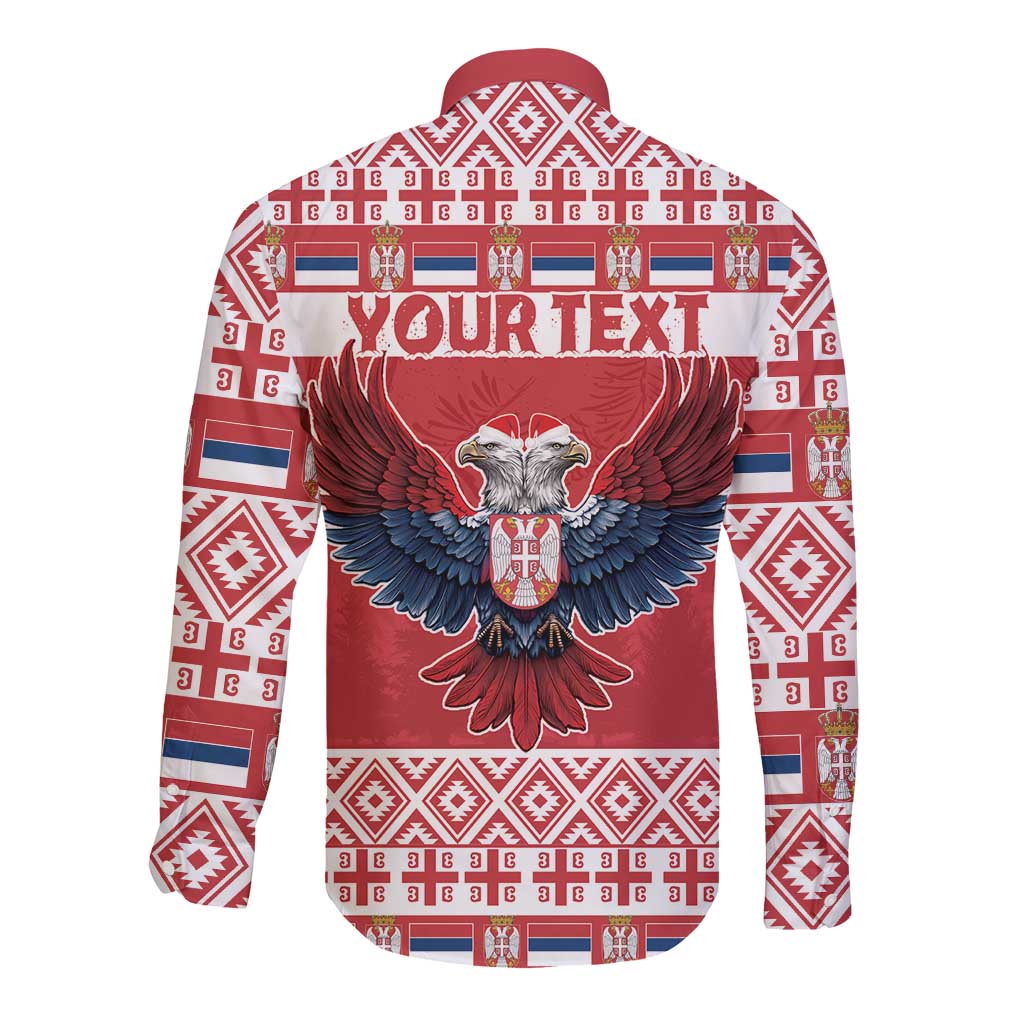Red long-sleeve button shirt with eagle graphic and Your Text on back