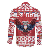 Red long-sleeve button shirt with eagle graphic and Your Text on back