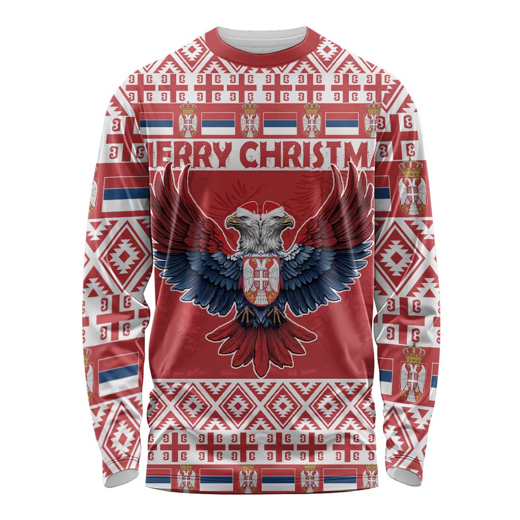 Red long-sleeve Christmas shirt with eagle crest and 'MERRY CHRISTMAS' text