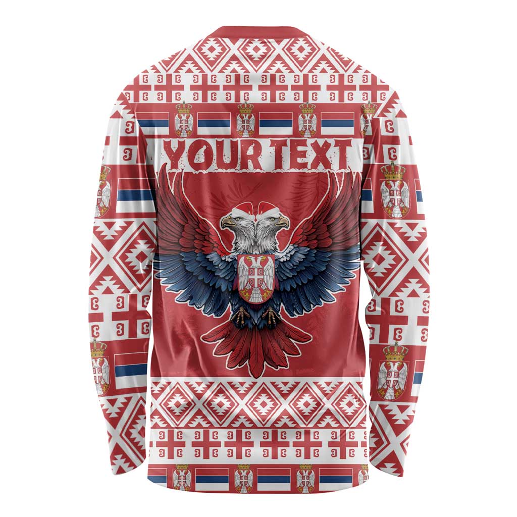 Red long-sleeve Christmas shirt with eagle crest and 'YOUR TEXT' back print