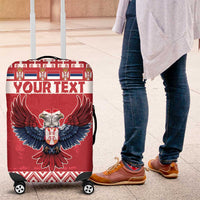 Red luggage cover with double-headed eagle and custom text, zipper, on four spinner wheels