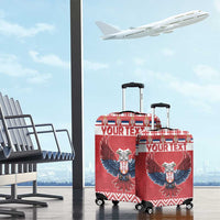 Pair of red luggage covers with double-headed eagle crest and 'YOUR TEXT' on four wheels