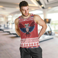 Men's red tank top with double-headed eagle graphic and patterned hem