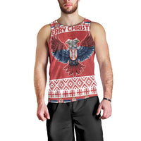 Men's red tank top front with double-headed eagle emblem and festive border