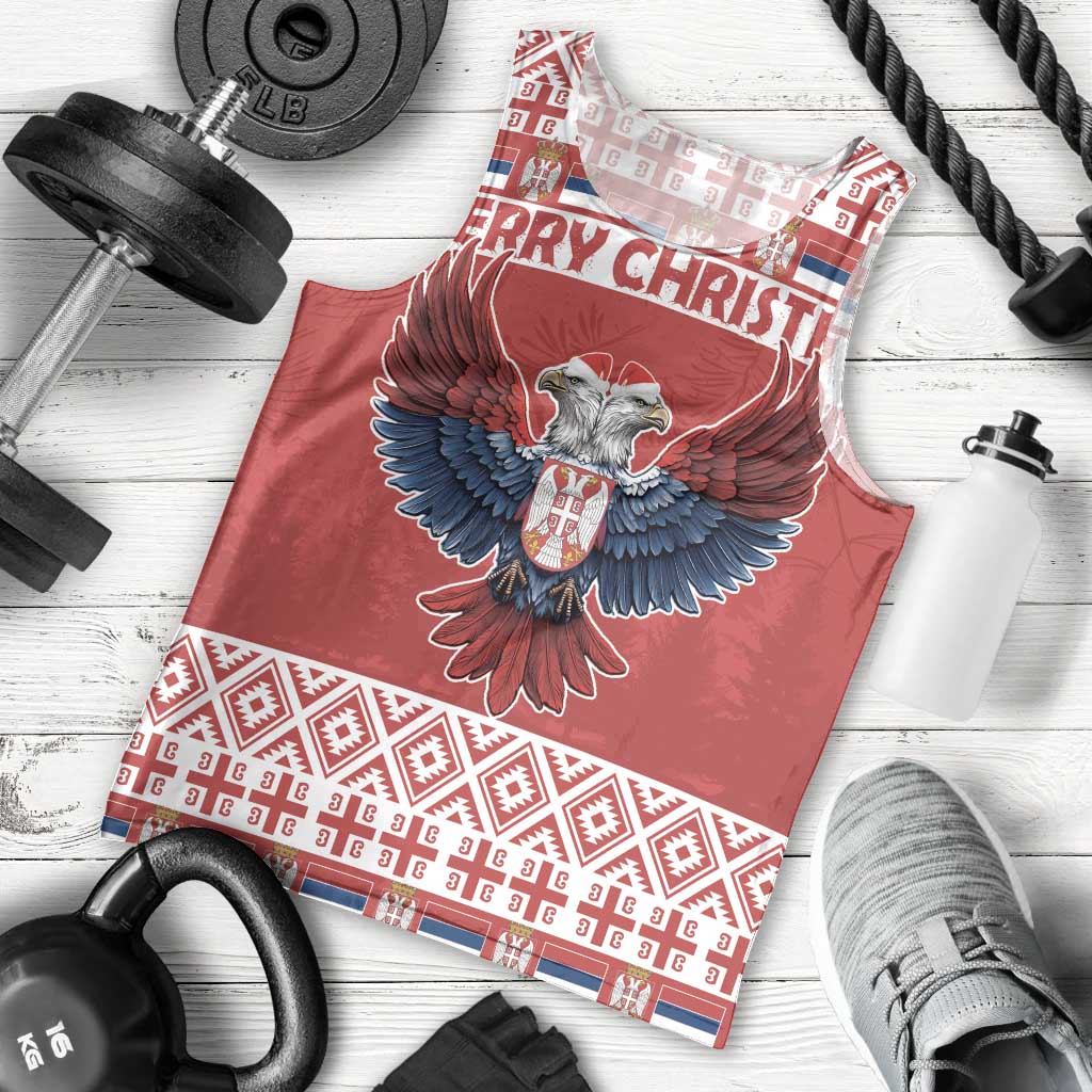 Men's red tank top laid flat, featuring double-headed eagle and holiday patterns
