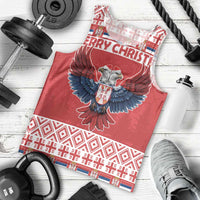 Men's red tank top laid flat, featuring double-headed eagle and holiday patterns