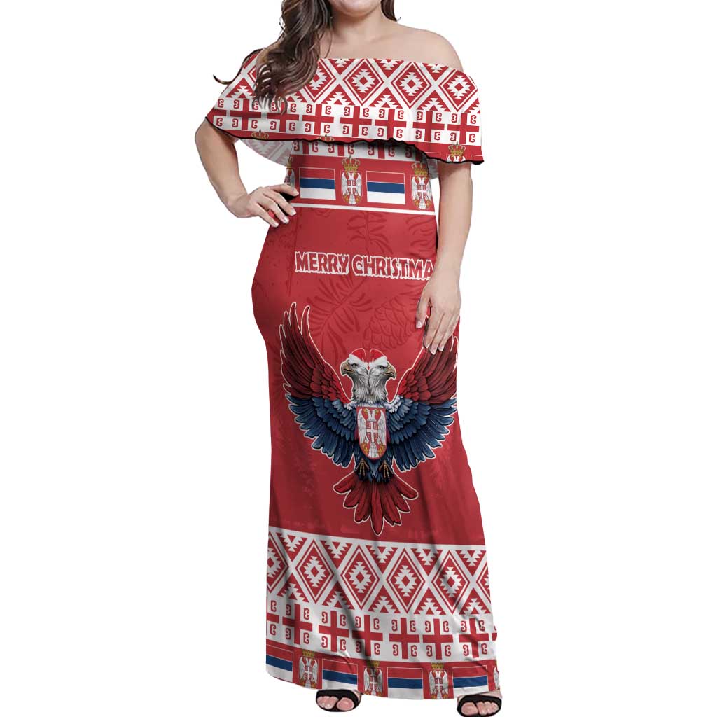 Personalized Serbia Christmas Off Shoulder Maxi Dress Double-Headed Eagle - Red Version - Wonder Print Shop