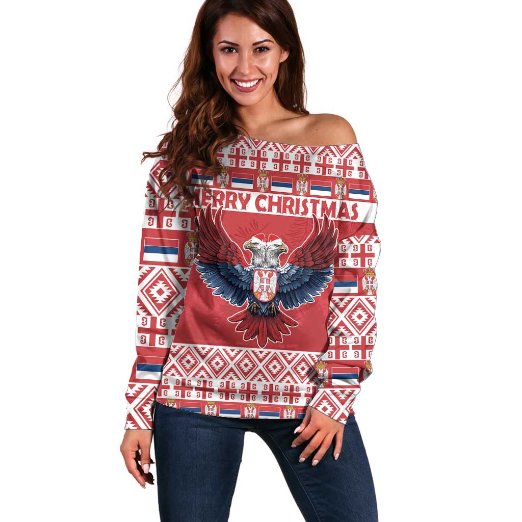 Red off-shoulder Christmas sweater with eagle graphic and festive border, “Merry Christmas”