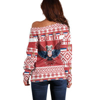 Red off-shoulder sweater back print with eagle graphic and “YOUR TEXT”