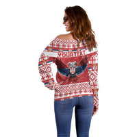Red off-shoulder sweater side/back view with eagle graphic and “YOUR TEXT”