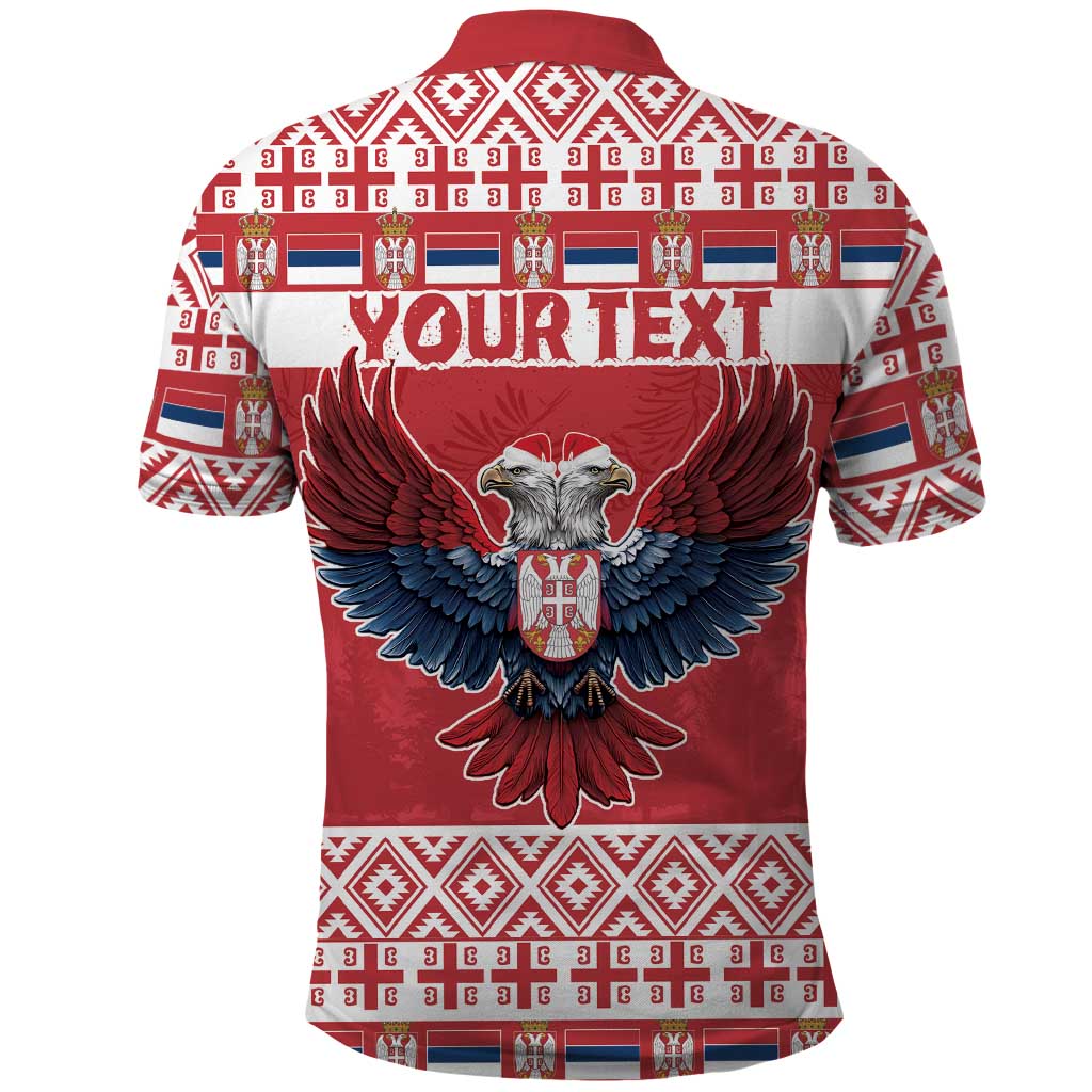 Red Christmas polo shirt with double-headed eagle and 'YOUR TEXT' on back panel