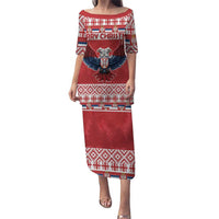 Red long dress with double-headed eagle print, festive border pattern, short sleeves