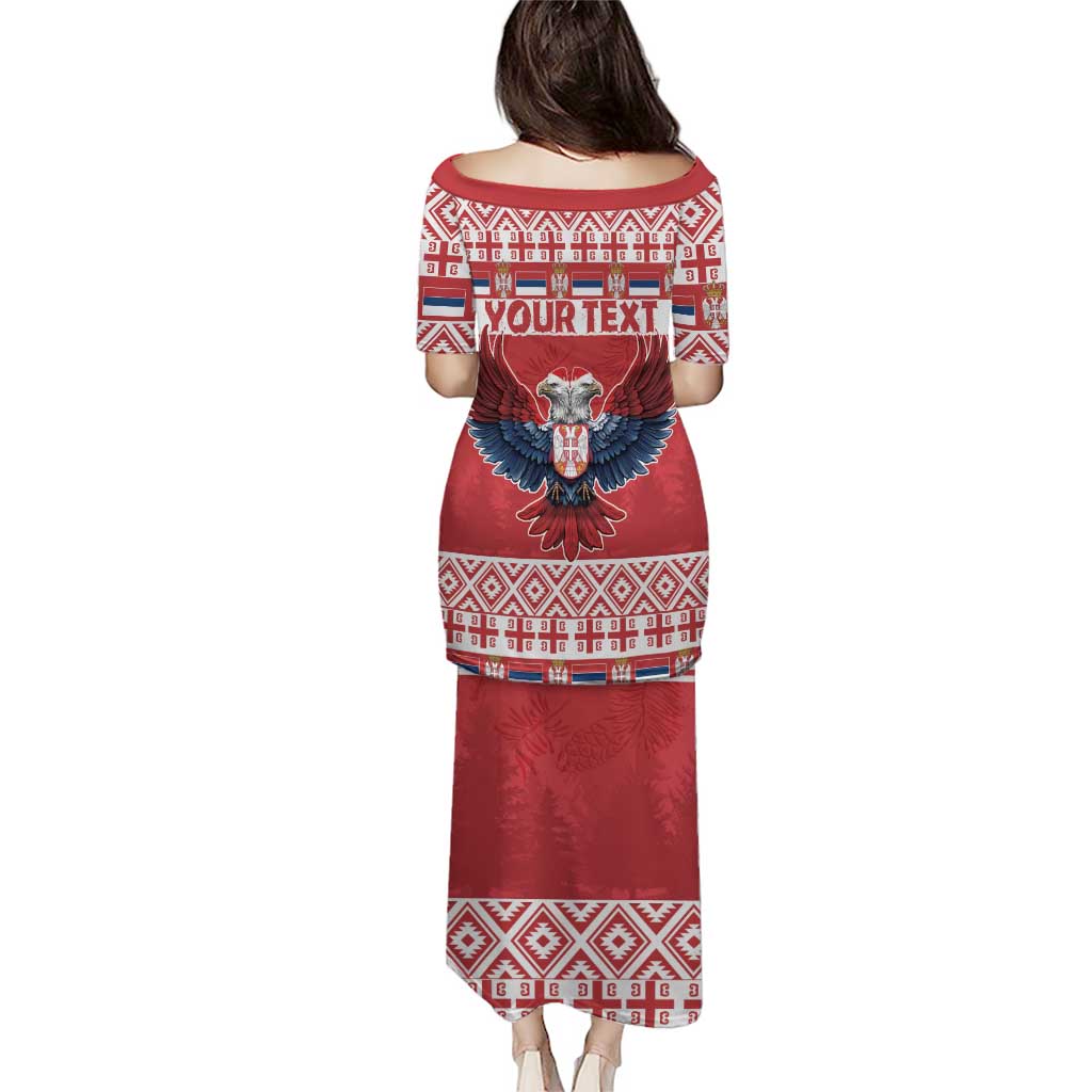 Red long dress back view with double-headed eagle and Christmas-style border trim, short sleeves