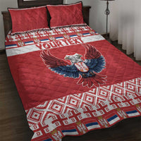 Red quilt bed set featuring double-headed eagle, patterned trim, includes two pillowcases