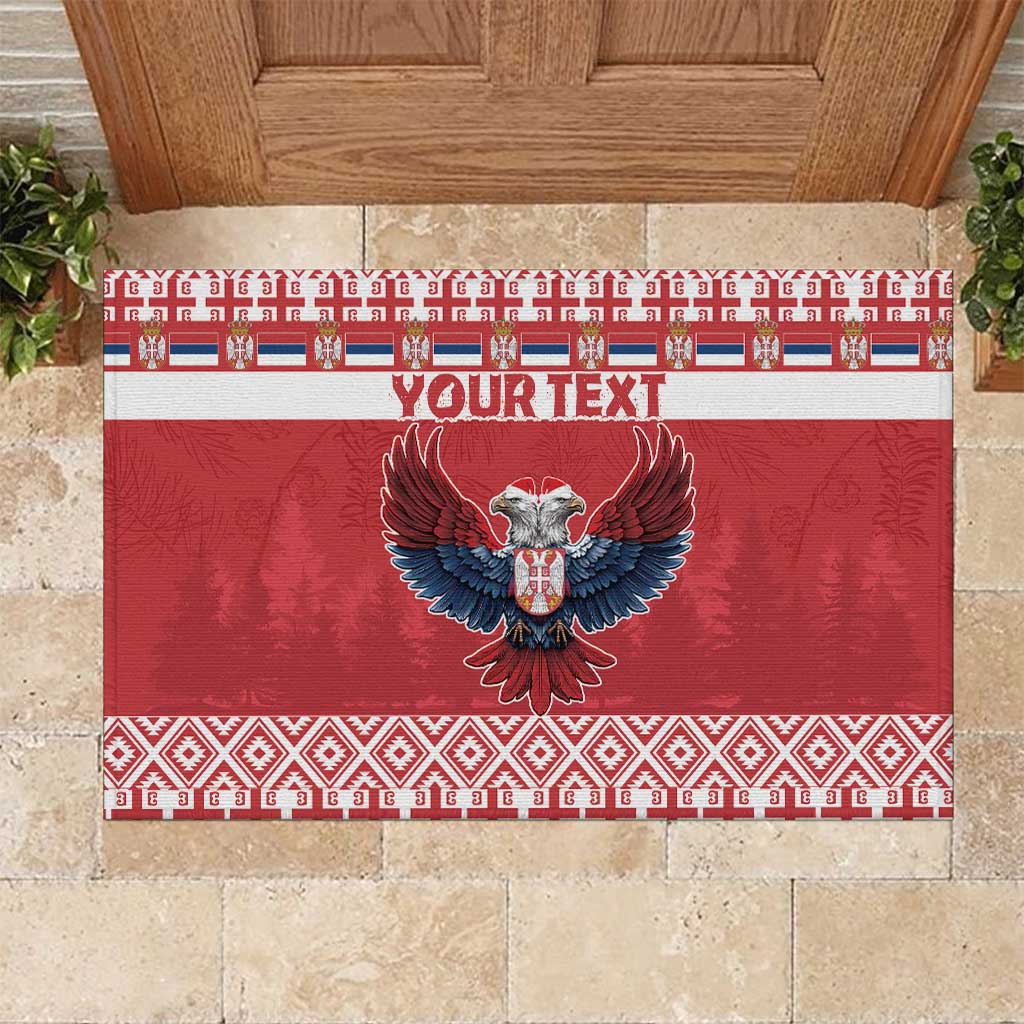 Red rubber doormat with Serbia-style double-headed eagle and custom text center