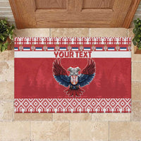 Red rubber doormat with Serbia-style double-headed eagle and custom text center