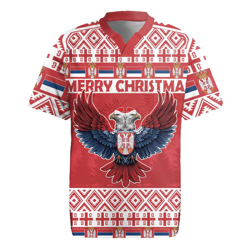 Red Christmas rugby jersey with eagle graphic and “MERRY CHRISTMAS” text on front