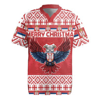 Red Christmas rugby jersey with eagle graphic and “MERRY CHRISTMAS” text on front