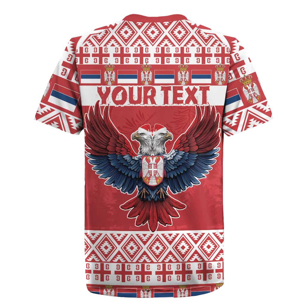 Red Christmas rugby jersey with eagle graphic and “YOUR TEXT” banner on back