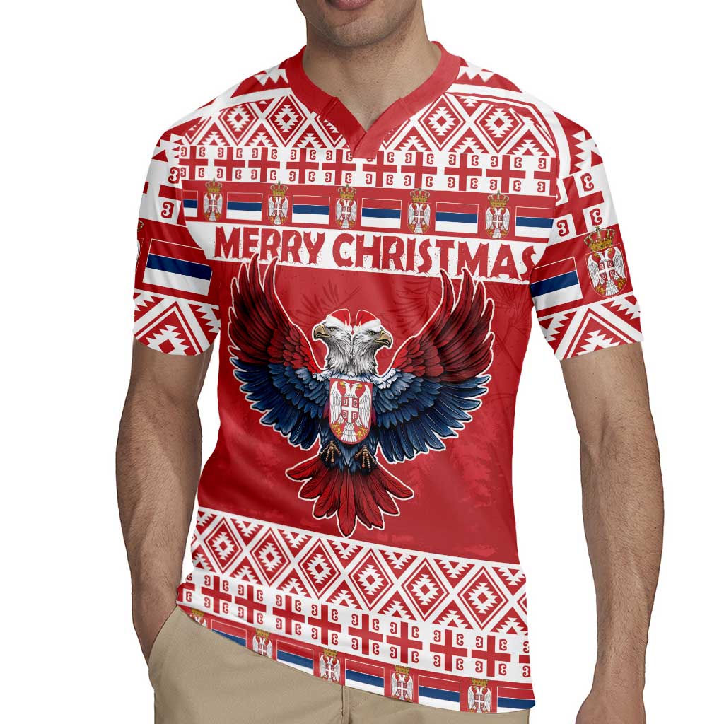 Red Christmas rugby jersey worn by model, eagle centerpiece and “MERRY CHRISTMAS” text