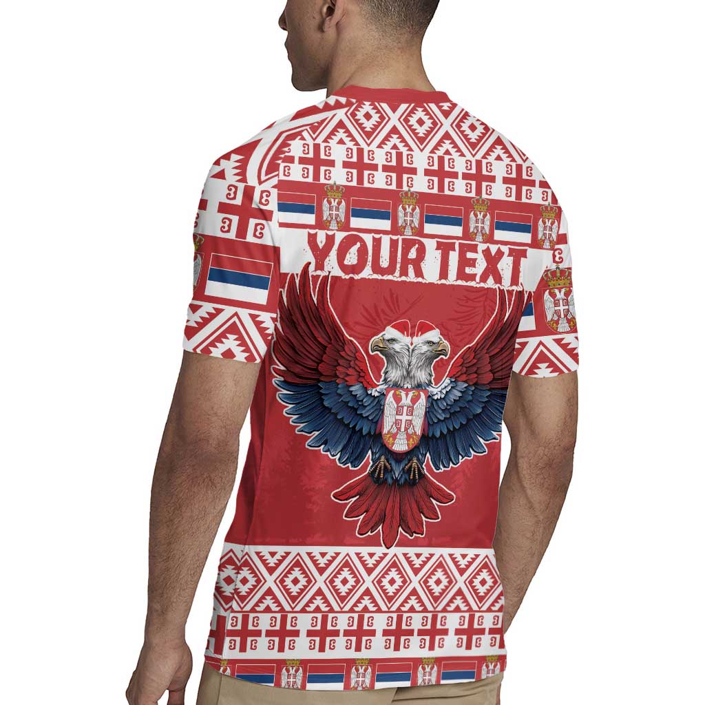 Back view of red Christmas rugby jersey with eagle crest and “YOUR TEXT” lettering