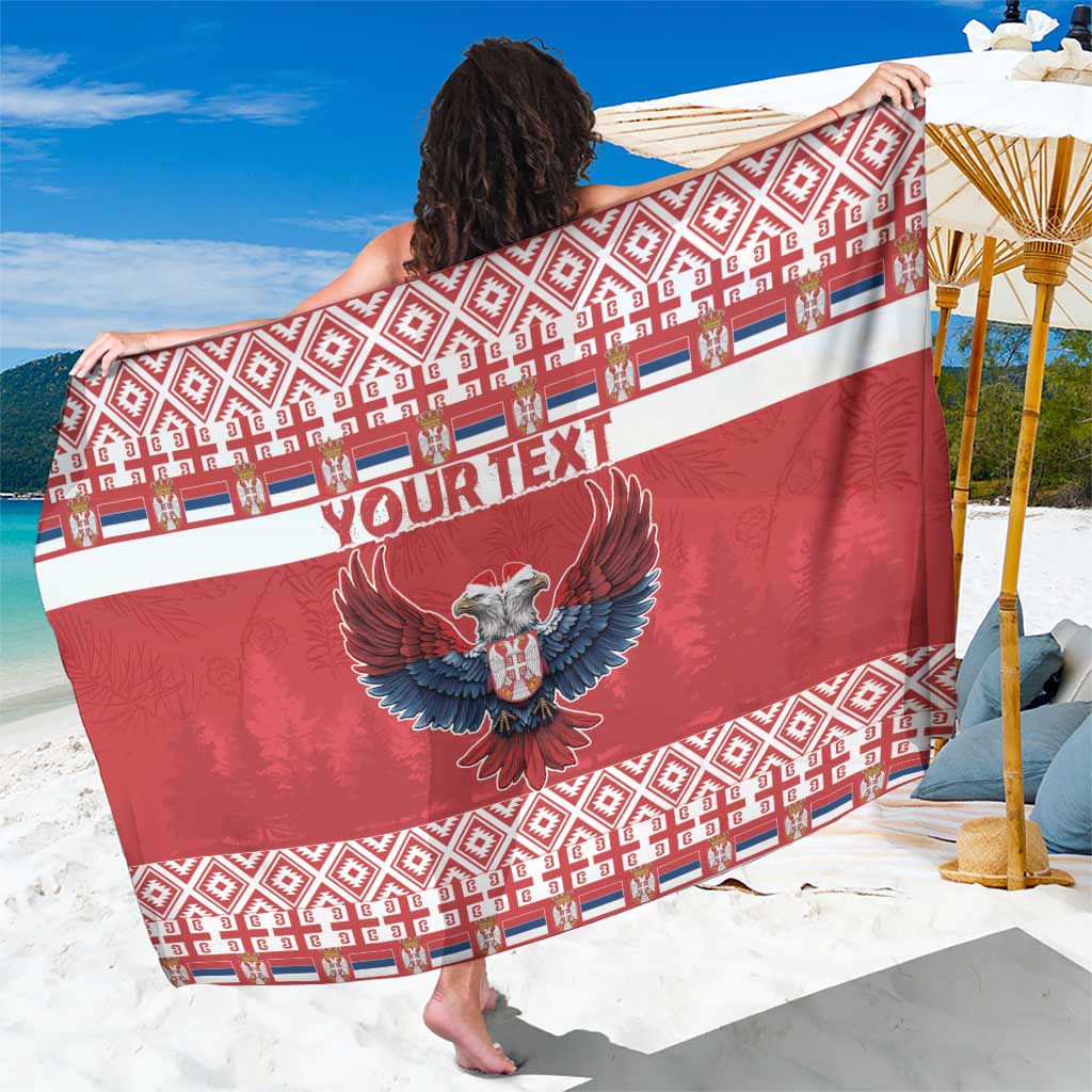 Red Serbia-themed sarong with eagle crest and geometric border print, personalized