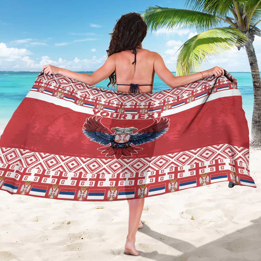 Red Serbia-themed sarong, eagle emblem centered with repeating pattern border