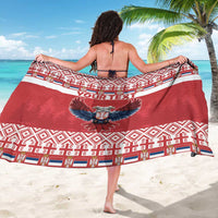 Red Serbia-themed sarong, eagle emblem centered with repeating pattern border