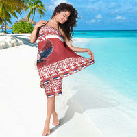 Red Serbia-themed sarong with blue-red eagle emblem and patterned trim