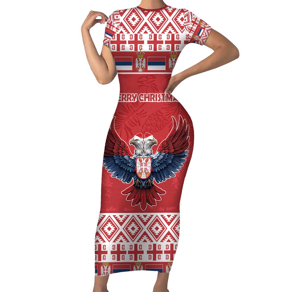 Personalized Serbia Christmas Short Sleeve Bodycon Dress Double-Headed Eagle - Red Version - Wonder Print Shop