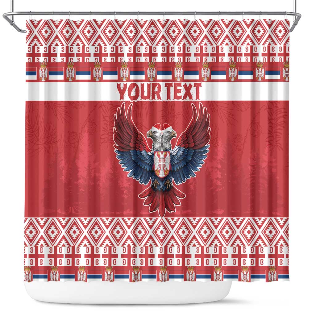 Red shower curtain with double-headed eagle emblem, festive border and YOUR TEXT