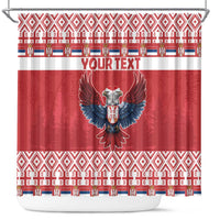 Red shower curtain with double-headed eagle emblem, festive border and YOUR TEXT